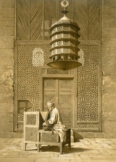 Cairo: Funerary or Sepulchral Mosque of Sultan Barquoq seated Imam reading the Koran, before a pierced screen c14th, 19th century by Emile Prisse d